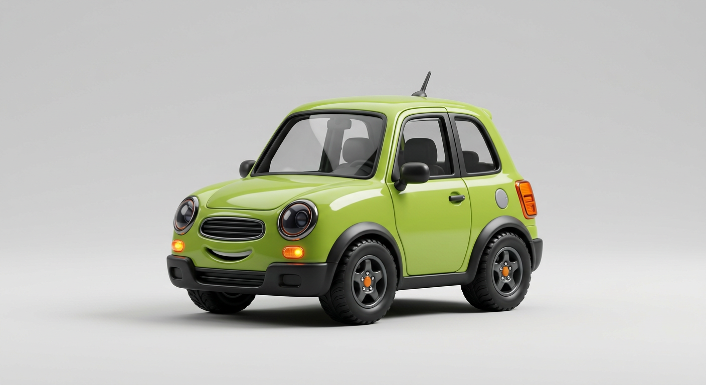 Illustrated render of the lime-green cartoon car from the game on a light grey floor