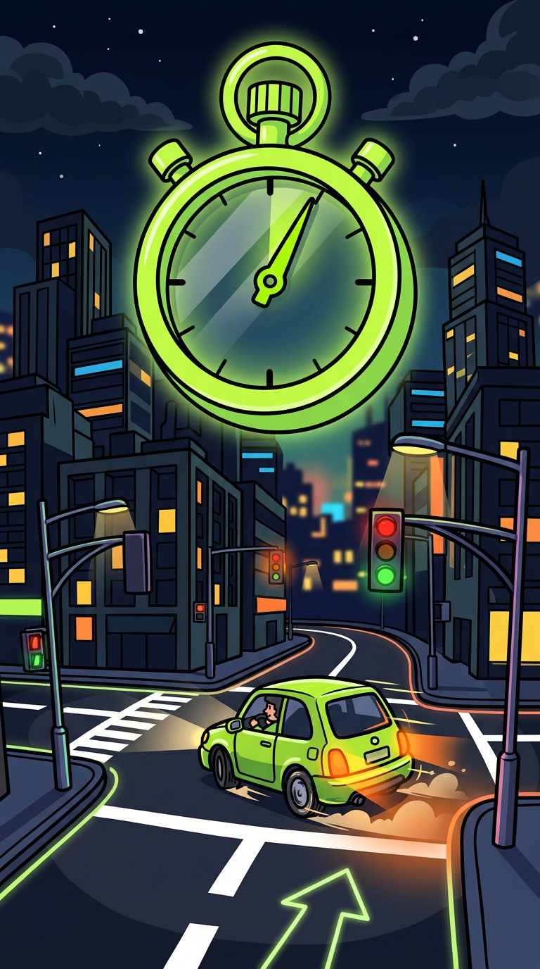 Illustration of a glowing stopwatch above a night city junction with a cartoon car below