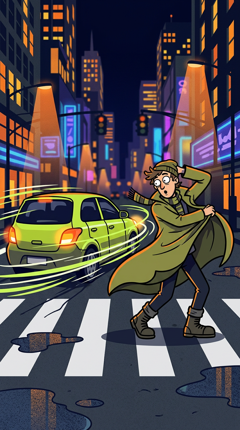 Illustration of a pedestrian in a long coat sidestepping a speeding cartoon car on a crossing