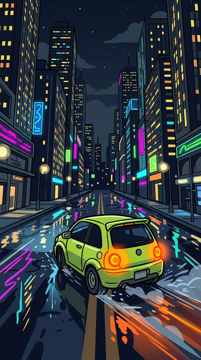 Illustration of a lime-green cartoon car speeding down a neon night city street