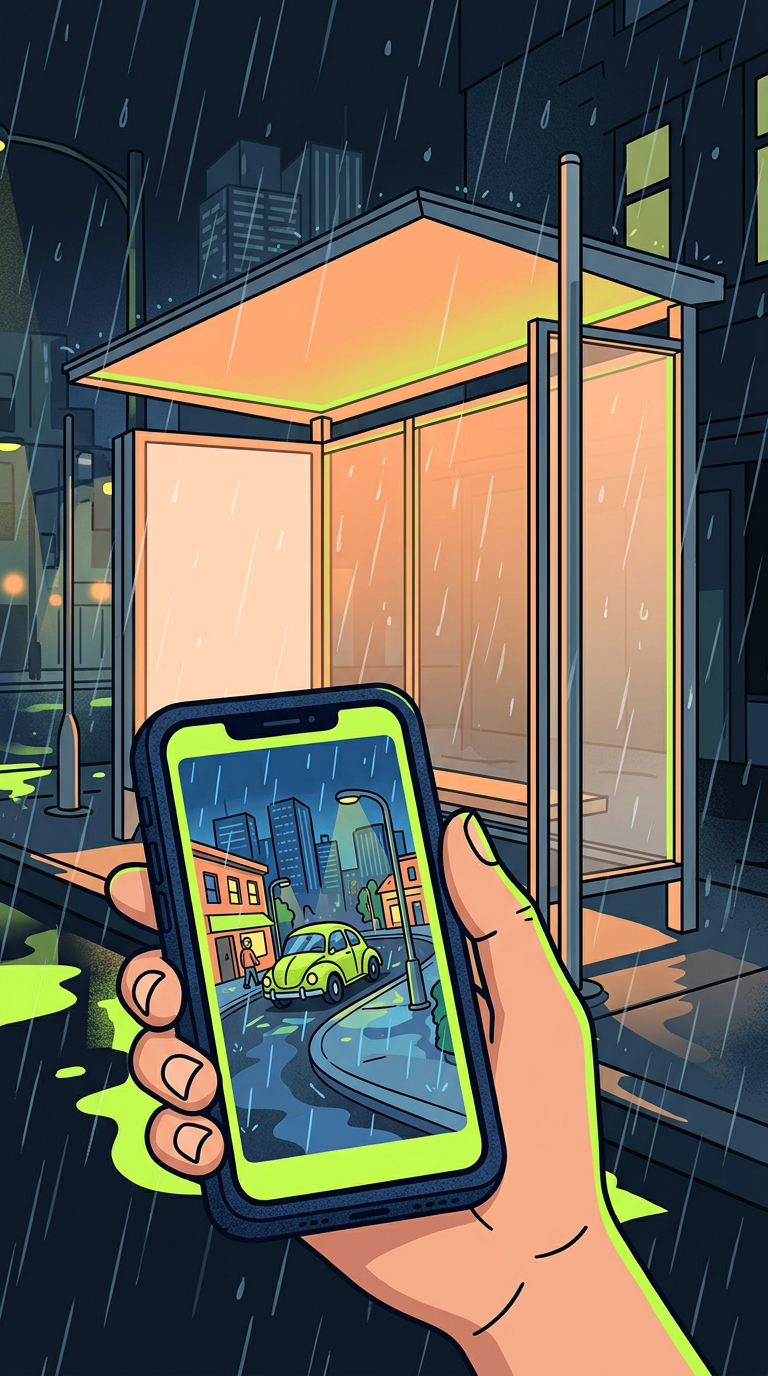 Illustration of a hand holding a phone showing a tiny cartoon city and a green car