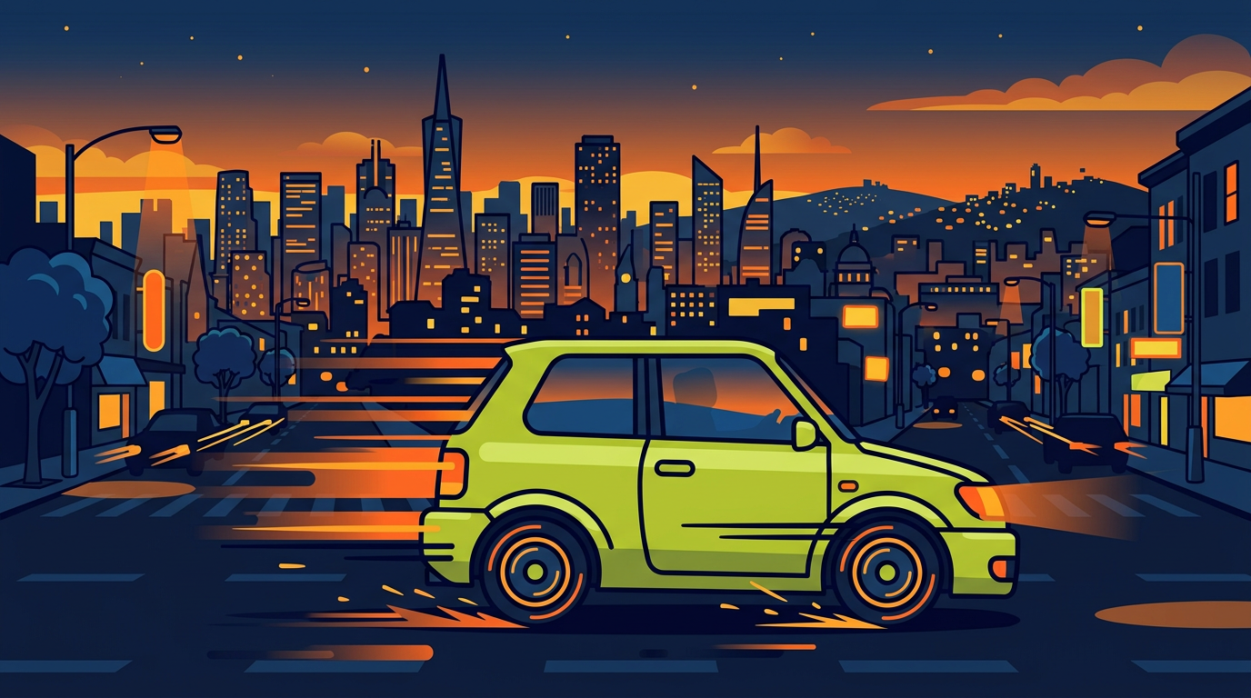 Illustration of a green cartoon car driving down a city avenue at dusk