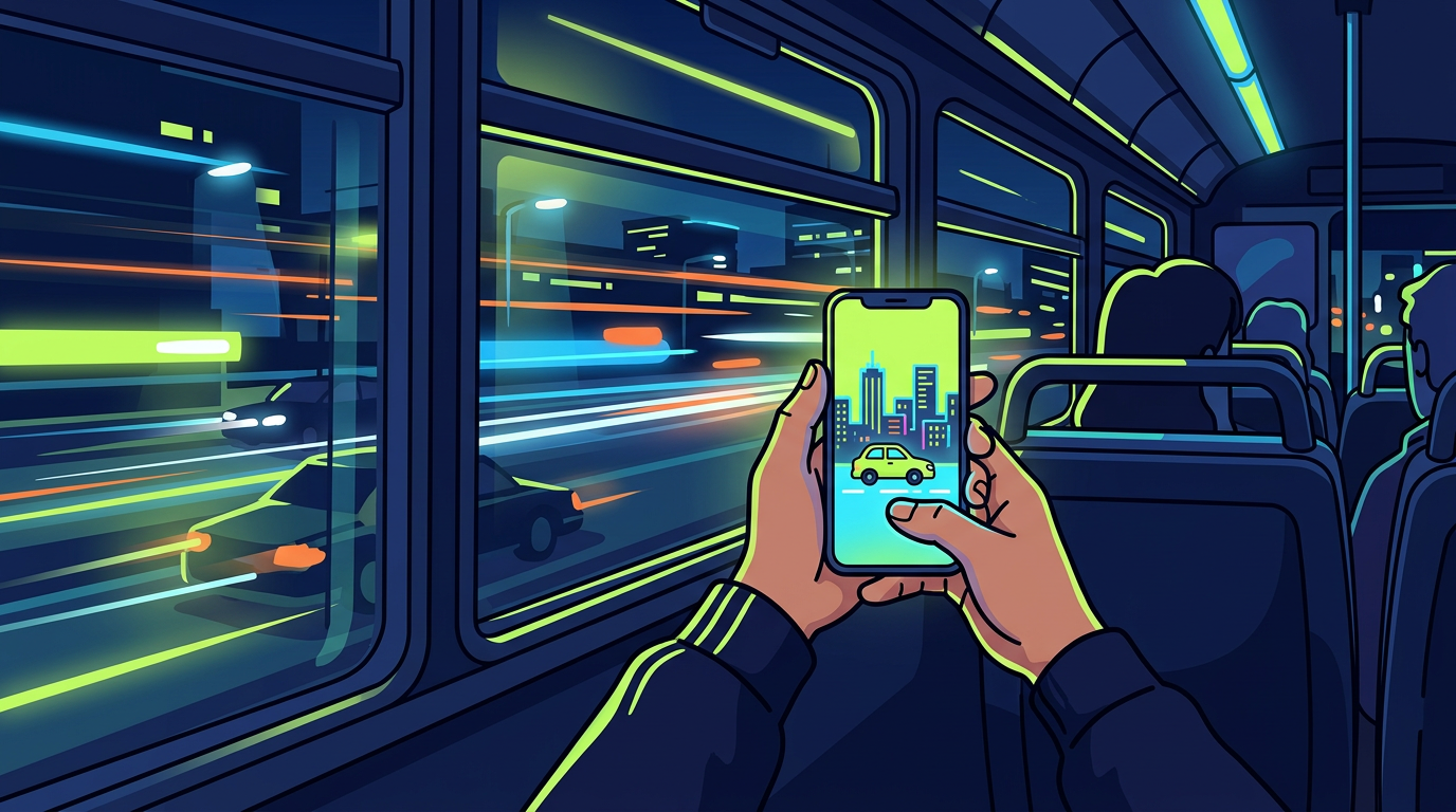 Illustration of hands holding a phone on a night bus